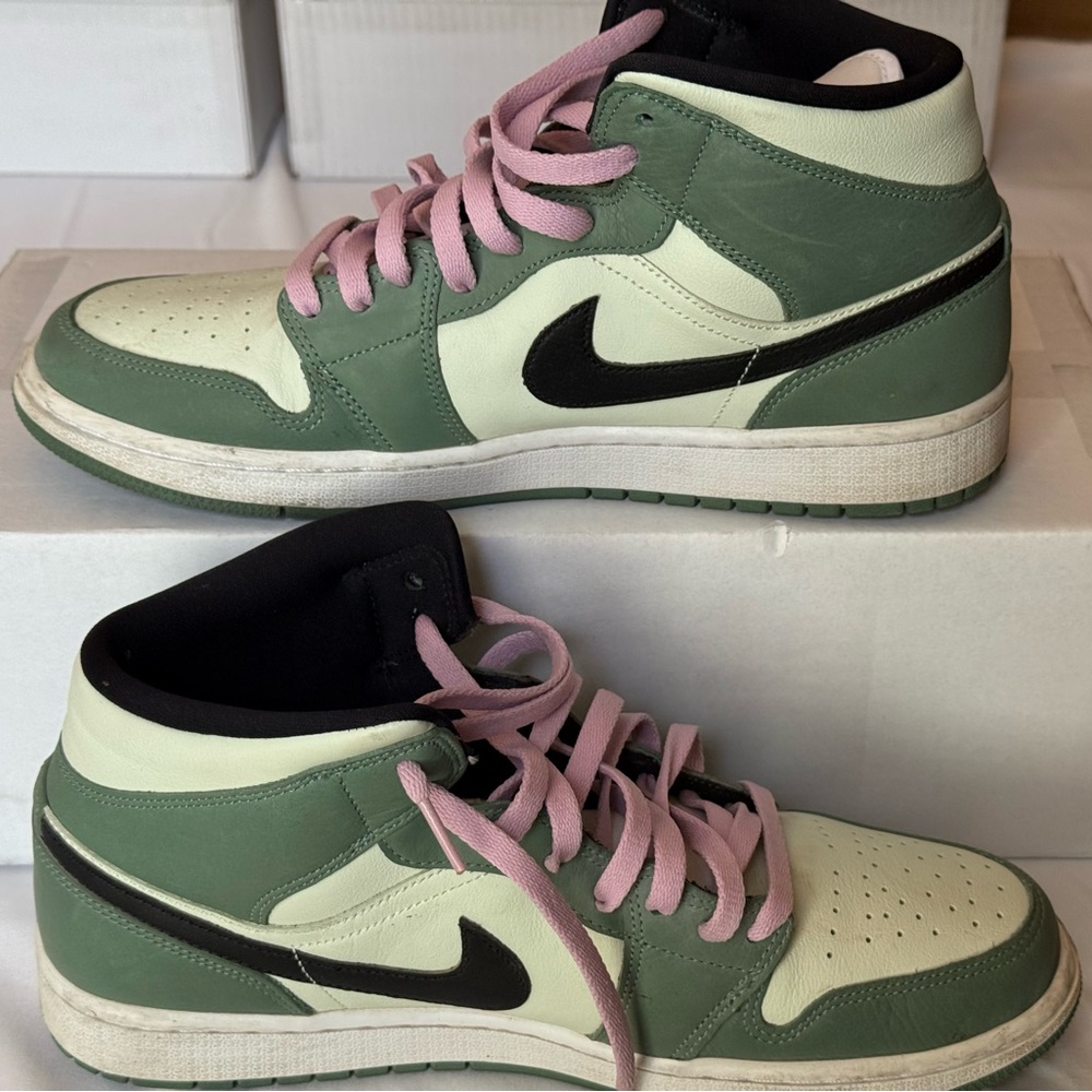 Jordan High-Top Sneakers in Sage Green, Cream & Black with Pink Laces